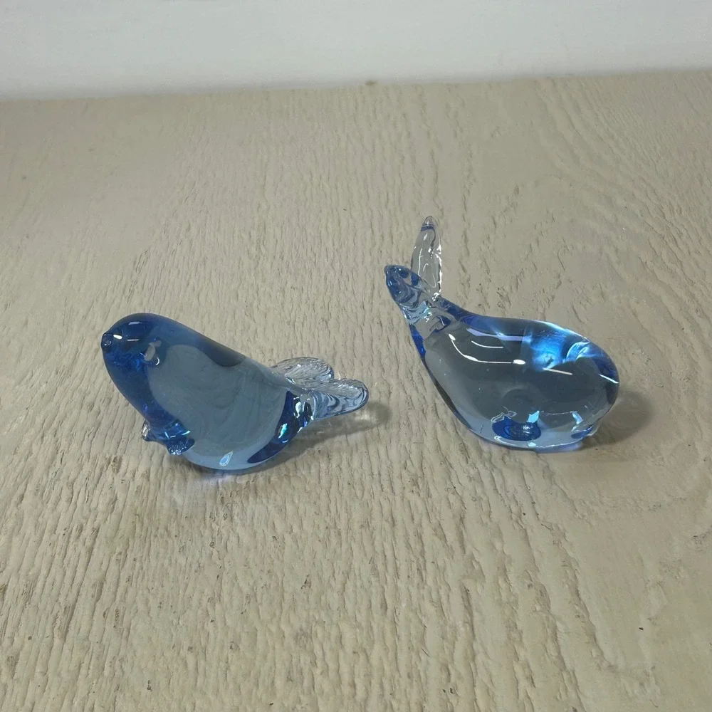 Art Glass Whale Seal‎ Figurine Set Blue Nautical Coastal Animal Decor Small